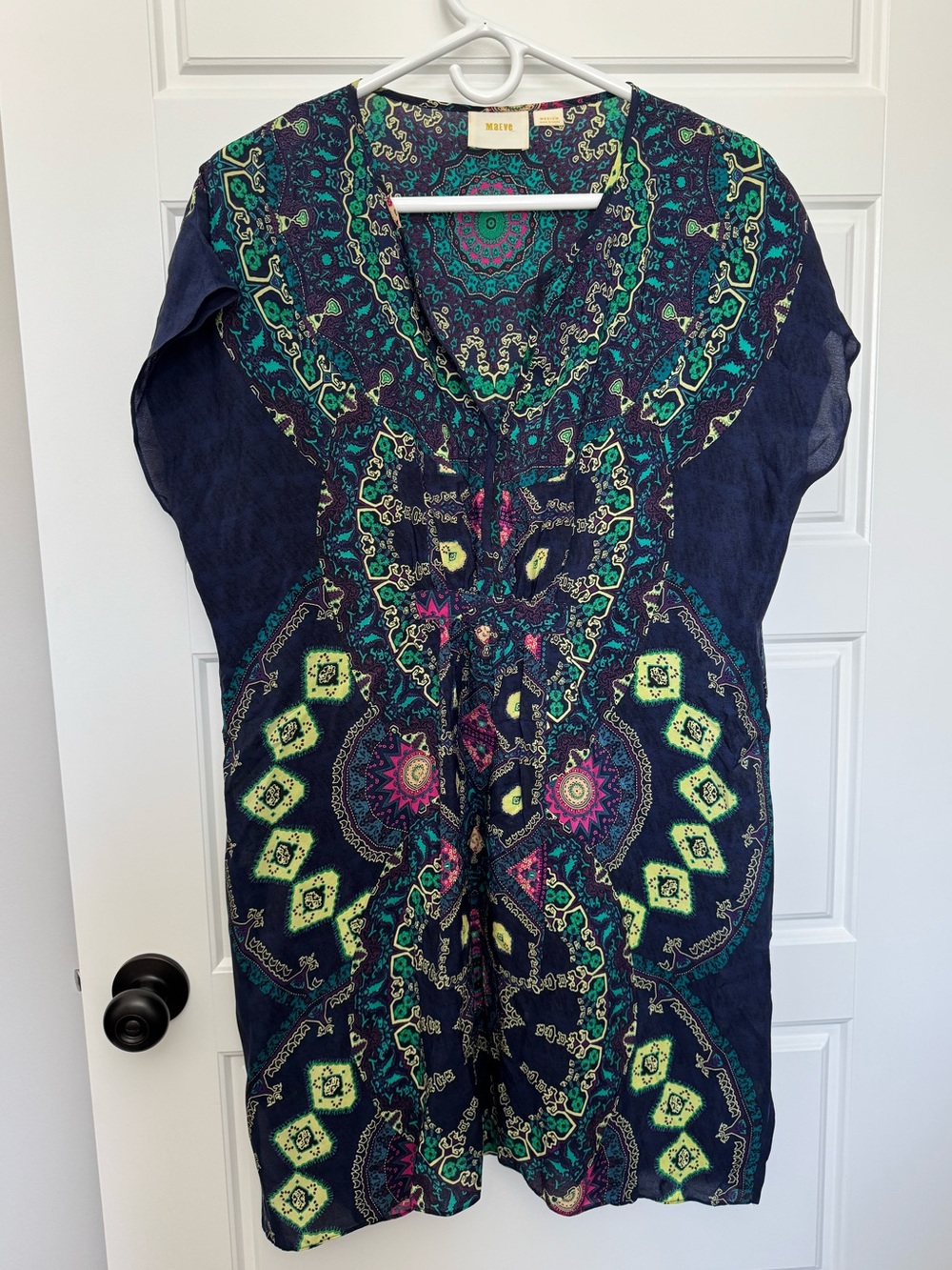 Maeve Anthropologie 100% Silk Swimsuit Coverup Dress, Navy Print, Size Medium